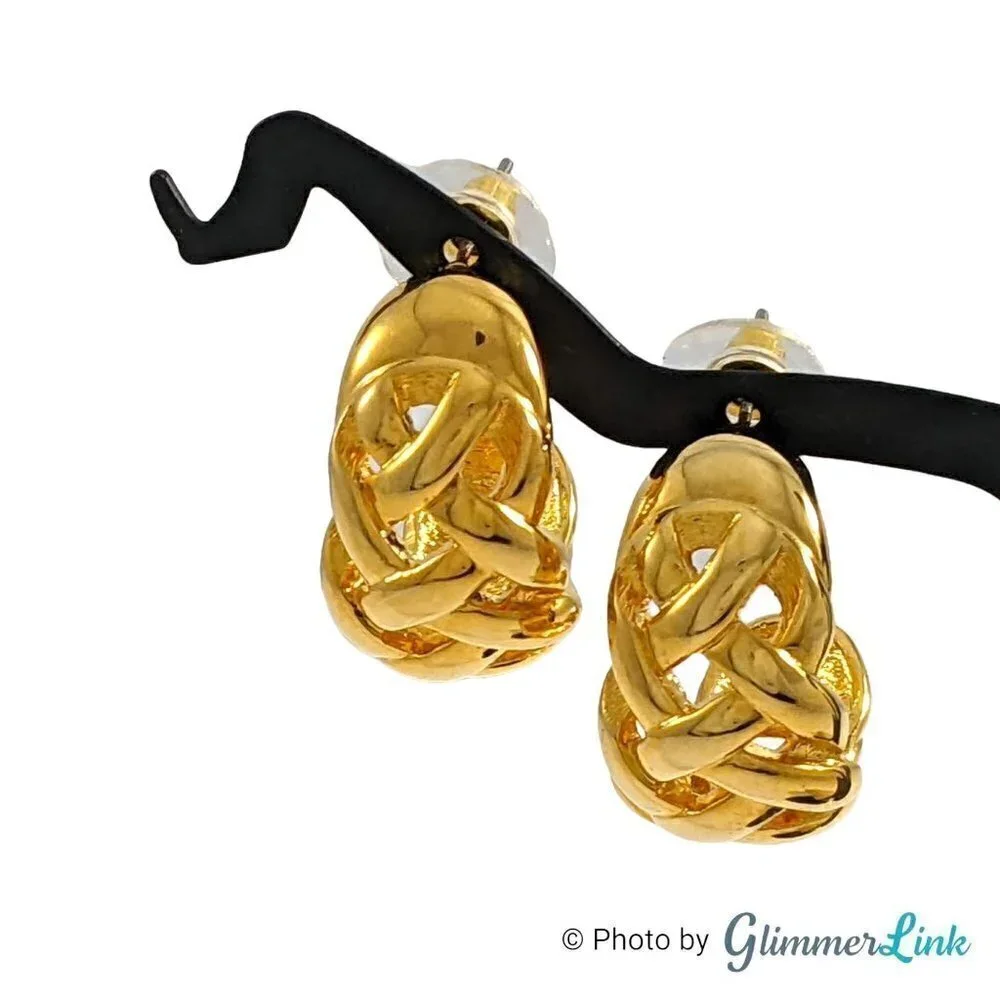 Vintage Weave Braided Half Hoop Gold Tone Pierced Earrings